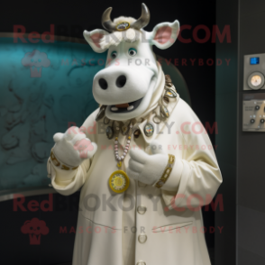 Cream Cow mascot costume character dressed with a Coat and Rings