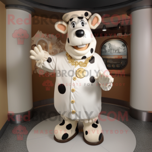 Cream Cow mascot costume character dressed with a Coat and Rings