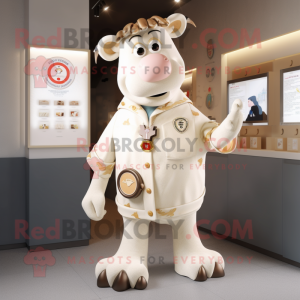 Cream Cow mascot costume character dressed with a Coat and Rings