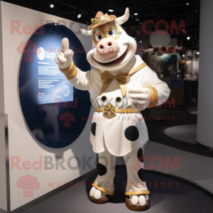 Cream Cow mascot costume character dressed with a Coat and Rings