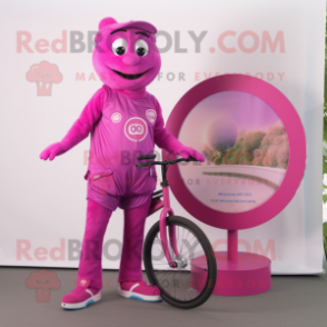 Magenta Unicyclist mascot costume character dressed with a Romper and Coin purses