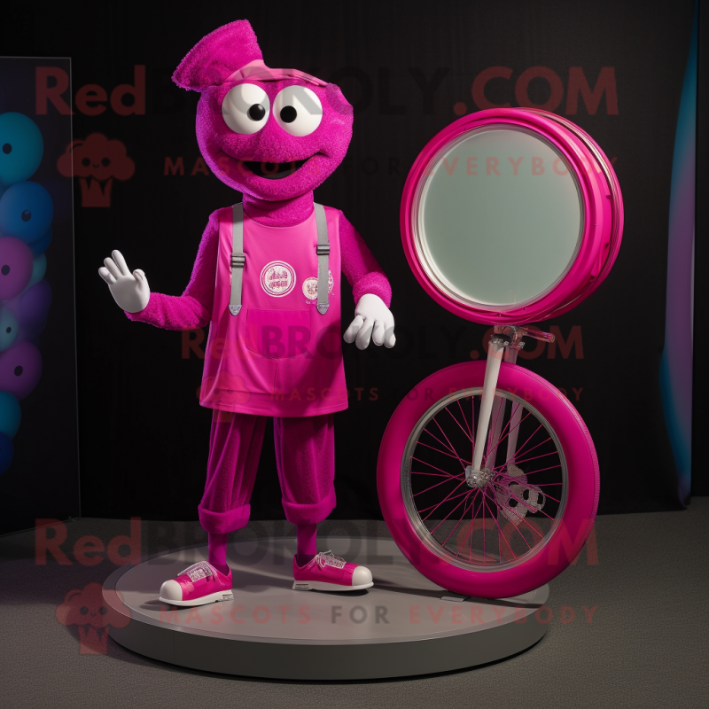 Magenta Unicyclist mascot costume character dressed with a Romper and Coin purses