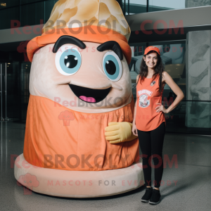 Peach Pizza Slice mascot costume character dressed with a Tank Top and Watches
