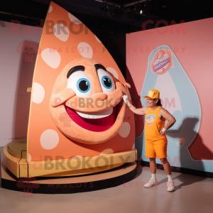 Peach Pizza Slice mascot costume character dressed with a Tank Top and Watches