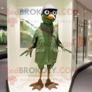 Forest Green Passenger Pigeon mascot costume character dressed with a Jumpsuit and Eyeglasses