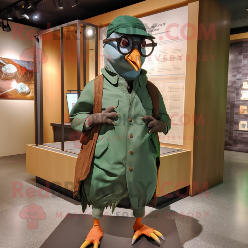 Forest Green Passenger Pigeon mascot costume character dressed with a Jumpsuit and Eyeglasses