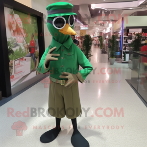 Forest Green Passenger Pigeon mascot costume character dressed with a Jumpsuit and Eyeglasses