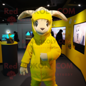 Yellow Goat mascot costume character dressed with a Coat and Beanies