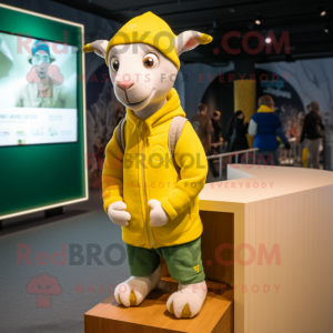 Yellow Goat mascot costume character dressed with a Coat and Beanies