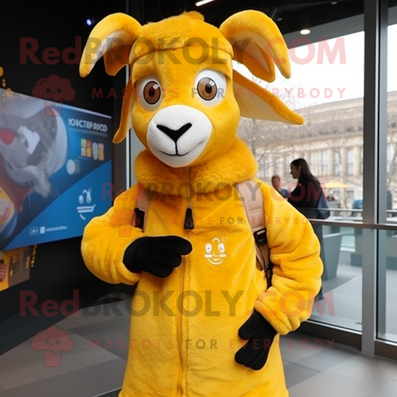 Yellow Goat mascot costume character dressed with a Coat and Beanies