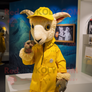 Yellow Goat mascot costume character dressed with a Coat and Beanies