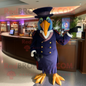 Navy Toucan mascot costume character dressed with a Cocktail Dress and Hat pins