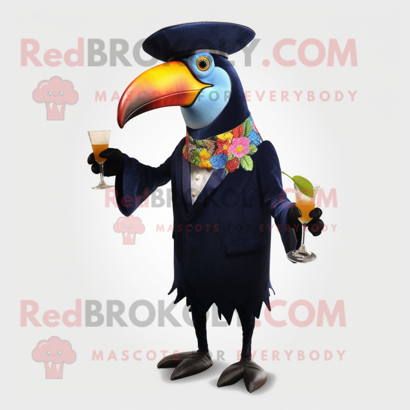 Navy Toucan mascot costume character dressed with a Cocktail Dress and Hat pins Navy Toucan mascot costume character dressed with a Cocktail Dress and Hat pins