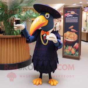 Navy Toucan mascot costume character dressed with a Cocktail Dress and Hat pins