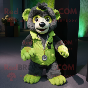 Lime Green Spectacled Bear mascot costume character dressed with a Overalls and Keychains