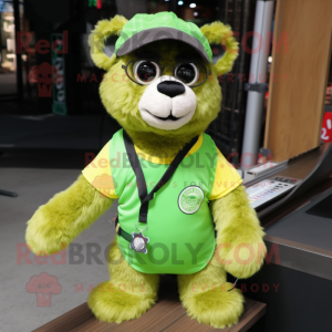 Lime Green Spectacled Bear mascot costume character dressed with a Overalls and Keychains