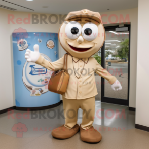Tan Plate Spinner mascot costume character dressed with a Button-Up Shirt and Messenger bags