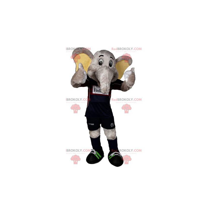 Mascote elefante cinzento com equipamento de futebol -