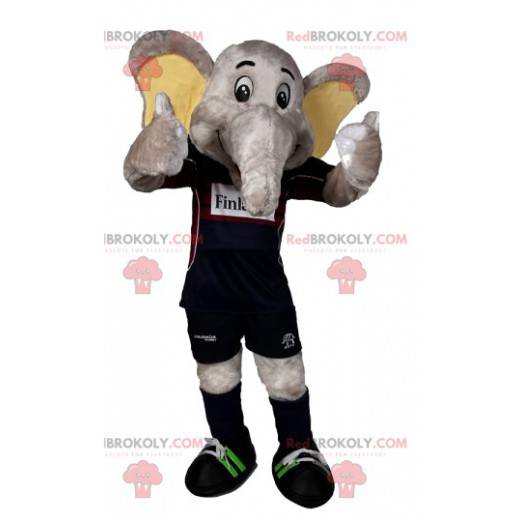 Mascote elefante cinzento com equipamento de futebol -