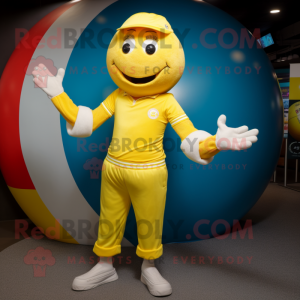 Yellow Juggle mascot costume character dressed with a Jeggings and Bracelets