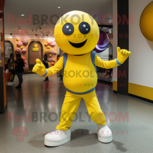 Yellow Juggle mascot costume character dressed with a Jeggings and Bracelets