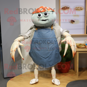 Gray Crab Cakes mascot costume character dressed with a Mom Jeans and Shawl pins