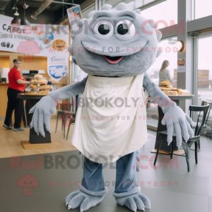 Gray Crab Cakes mascot costume character dressed with a Mom Jeans and Shawl pins