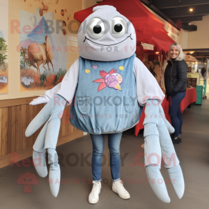 Gray Crab Cakes mascot costume character dressed with a Mom Jeans and Shawl pins