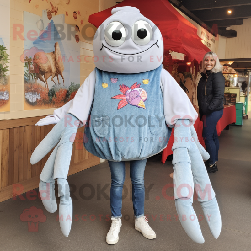 Gray Crab Cakes mascot costume character dressed with a Mom Jeans and Shawl pins