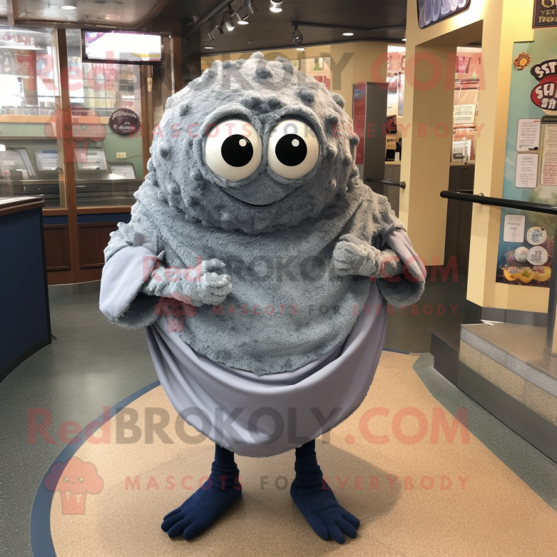 Gray Crab Cakes mascot costume character dressed with a Mom Jeans and Shawl pins