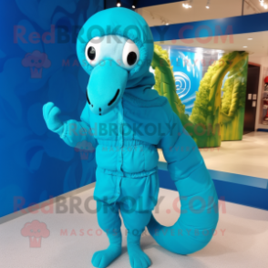 Cyan Titanoboa mascot costume character dressed with a Parka and Hairpins