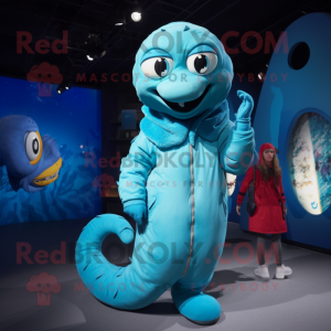 Cyan Titanoboa mascot costume character dressed with a Parka and Hairpins