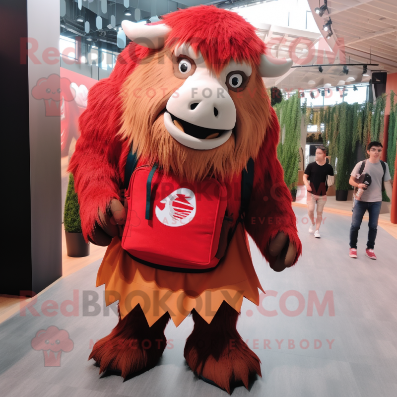 Red Bison mascot costume character dressed with a Pleated Skirt and Backpacks