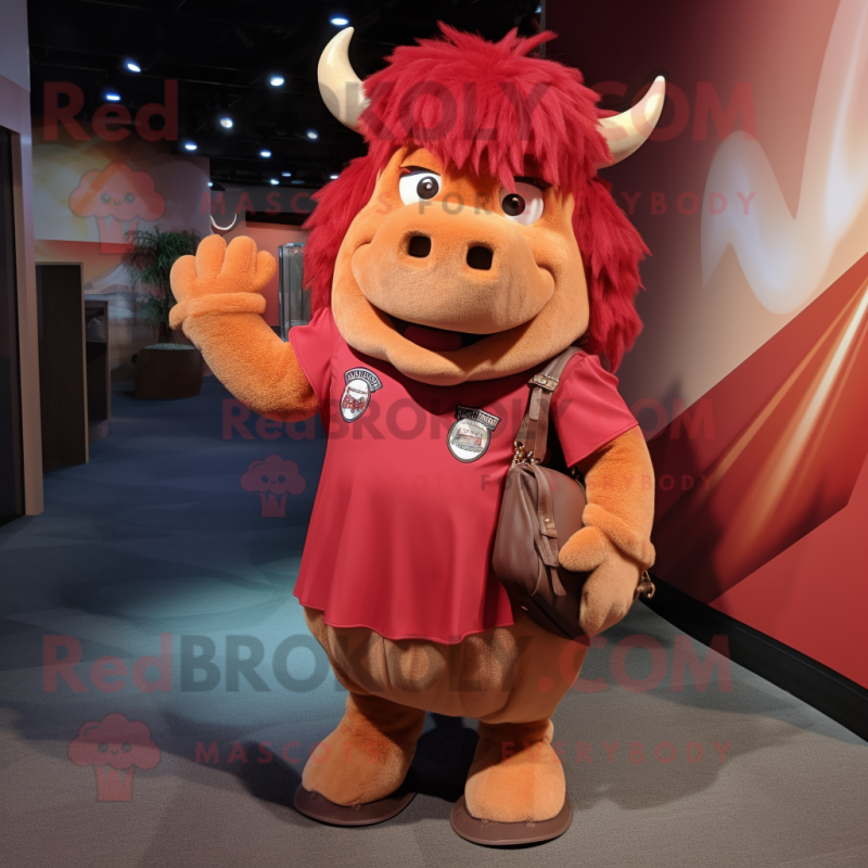Red Bison mascot costume character dressed with a Pleated Skirt and Backpacks Red Bison mascot costume character dressed with a Pleated Skirt and Backpacks