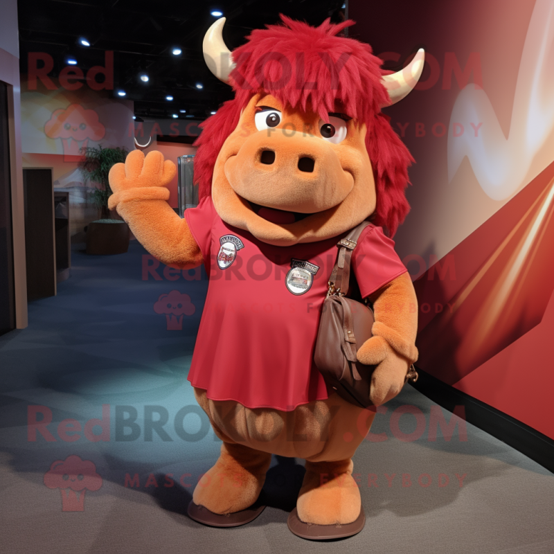 Red Bison mascot costume character dressed with a Pleated Skirt and Backpacks