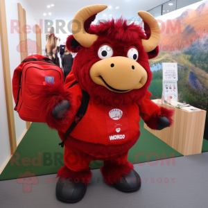 Red Bison mascot costume character dressed with a Pleated Skirt and Backpacks