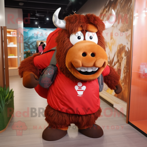 Red Bison mascot costume character dressed with a Pleated Skirt and Backpacks