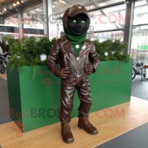 Forest Green Chocolates mascot costume character dressed with a Biker Jacket and Shoe laces