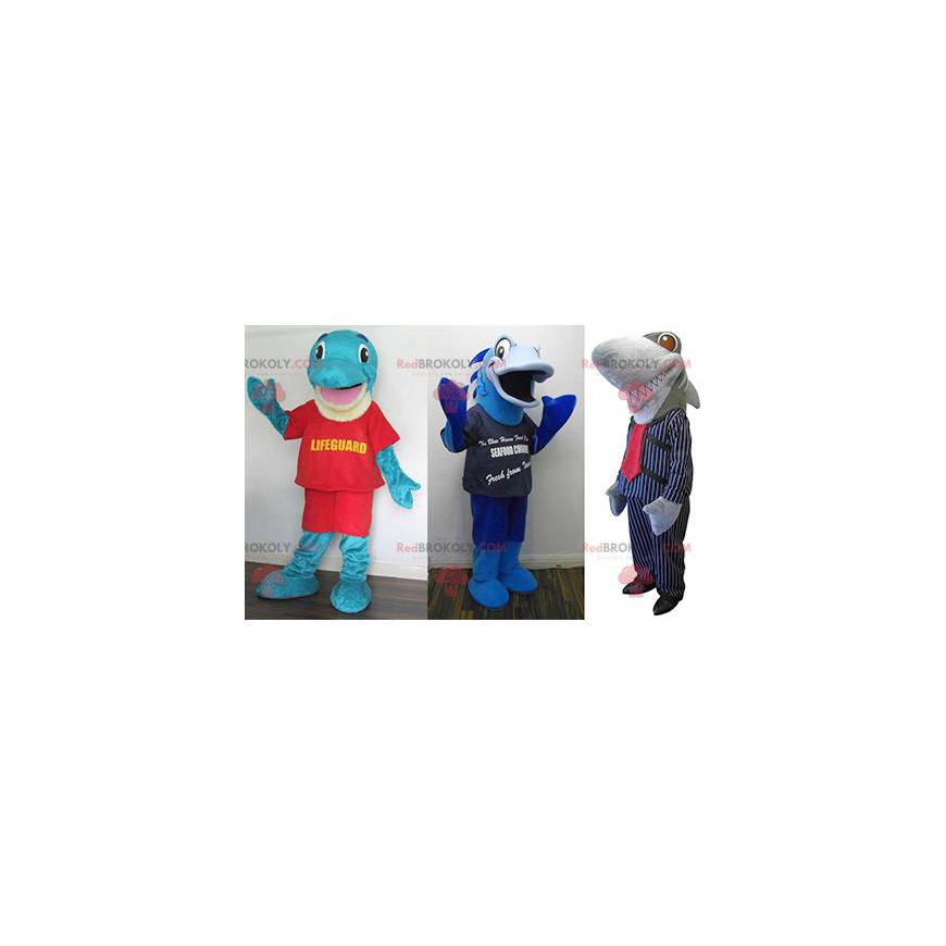 3 mascotes: um golfinho azul, um peixe azul e um tubarão cinza