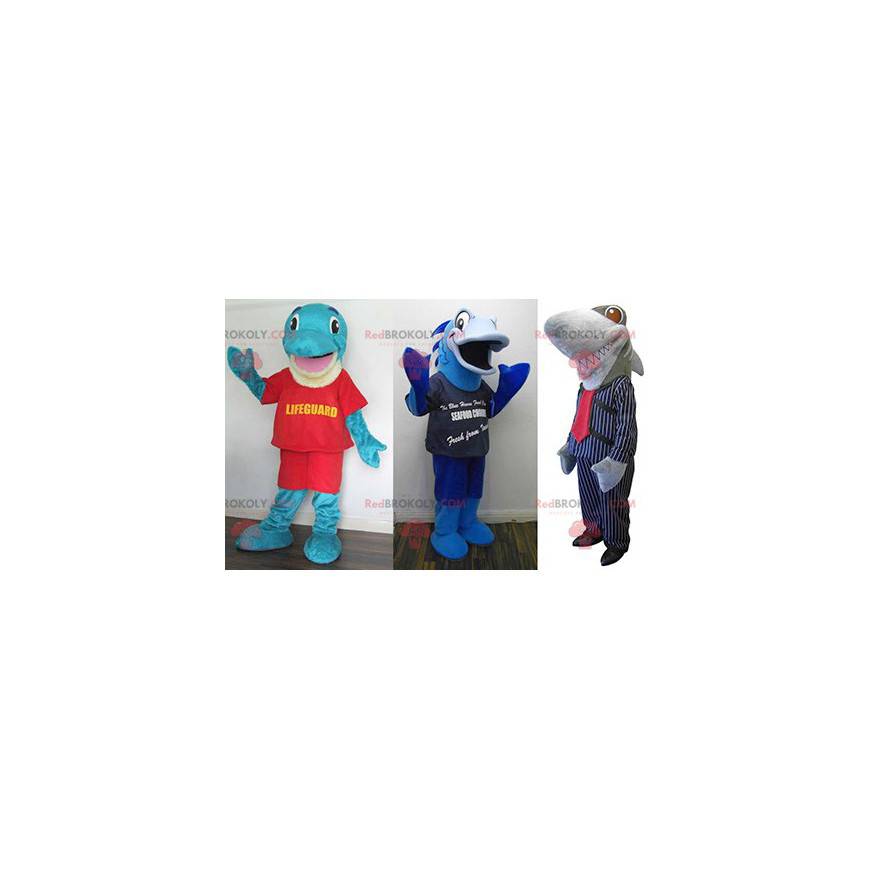 3 Maskottchen: ein blauer Delphin, ein blauer Fisch und ein