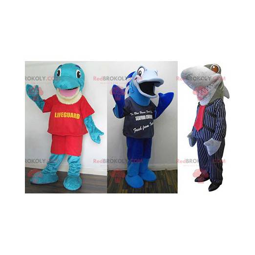 3 mascotes: um golfinho azul, um peixe azul e um tubarão cinza