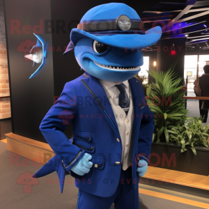 Blue Swordfish mascot costume character dressed with a Suit Jacket and Hats