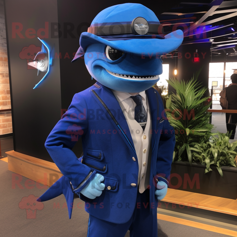Blue Swordfish mascot costume character dressed with a Suit Jacket and Hats Blue Swordfish mascot costume character dressed with a Suit Jacket and Hats