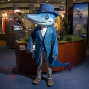 Blue Swordfish mascot costume character dressed with a Suit Jacket and Hats