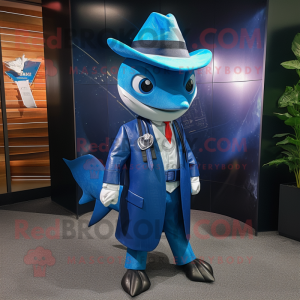 Blue Swordfish mascot costume character dressed with a Suit Jacket and Hats