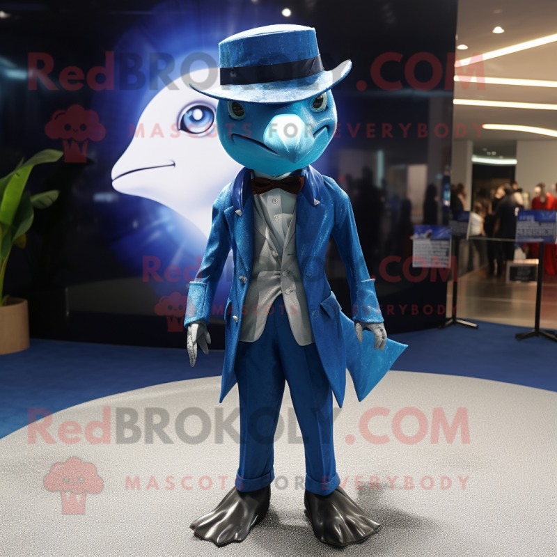 Blue Swordfish mascot costume character dressed with a Suit Jacket and Hats