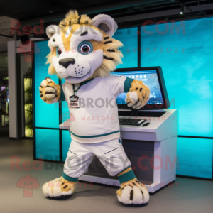 Cream Saber-Toothed Tiger mascot costume character dressed with a Bermuda Shorts and Digital watches