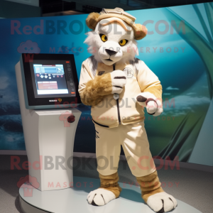 Cream Saber-Toothed Tiger mascot costume character dressed with a Bermuda Shorts and Digital watches