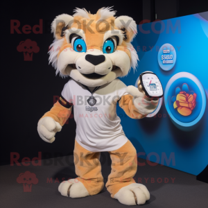 Cream Saber-Toothed Tiger mascot costume character dressed with a Bermuda Shorts and Digital watches
