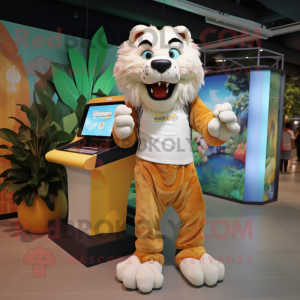 Cream Saber-Toothed Tiger mascot costume character dressed with a Bermuda Shorts and Digital watches